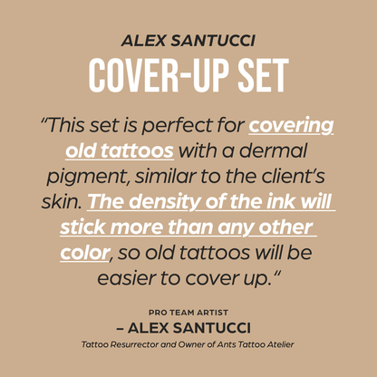 Perfect for covering old tattoos with a dermal pigment, similar to the client's skin World Famous Tattoo Ink Alex Santucci Cover Up Set Skintone